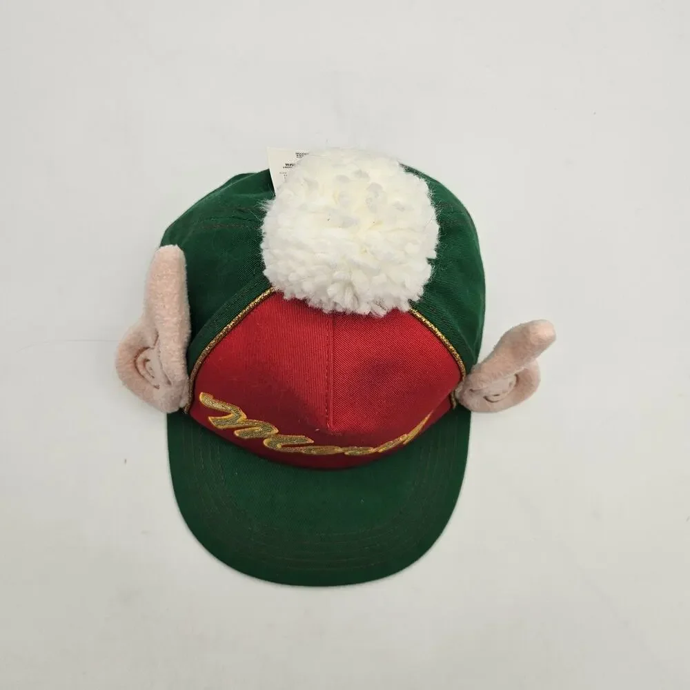 Christmas Elf Merry Hat Cap Snap Back One Size Green‎ Red Pom Pom Ears Glitter